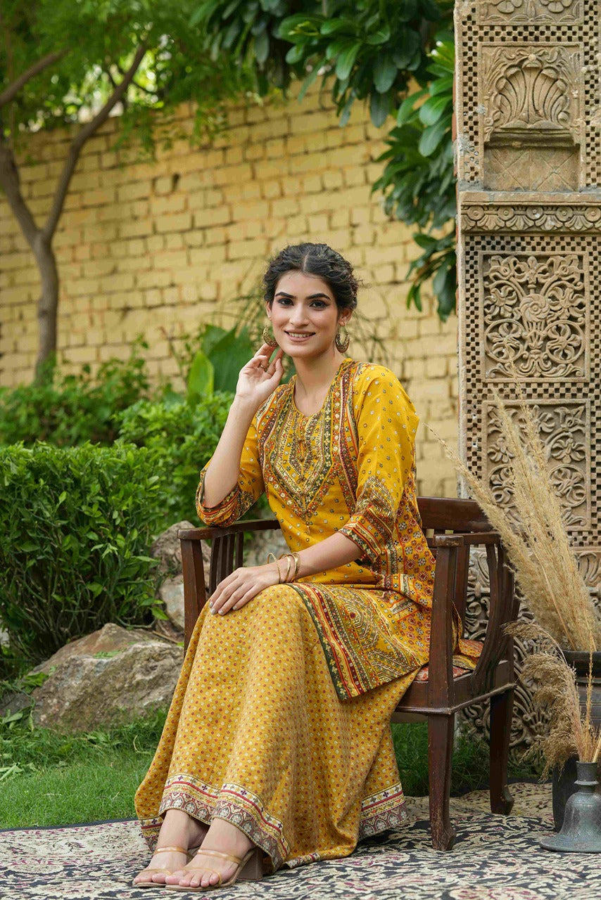 Juniper Mustard Chanderi Festive Printed Flared Kurta For Women - Distacart