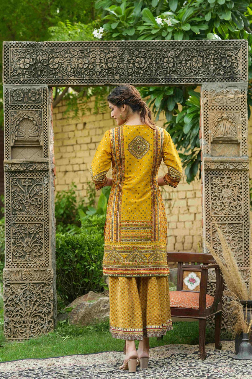 Juniper Mustard Chanderi Festive Printed Flared Kurta For Women - Distacart