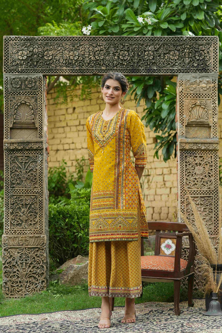 Juniper Mustard Chanderi Festive Printed Flared Kurta For Women - Distacart