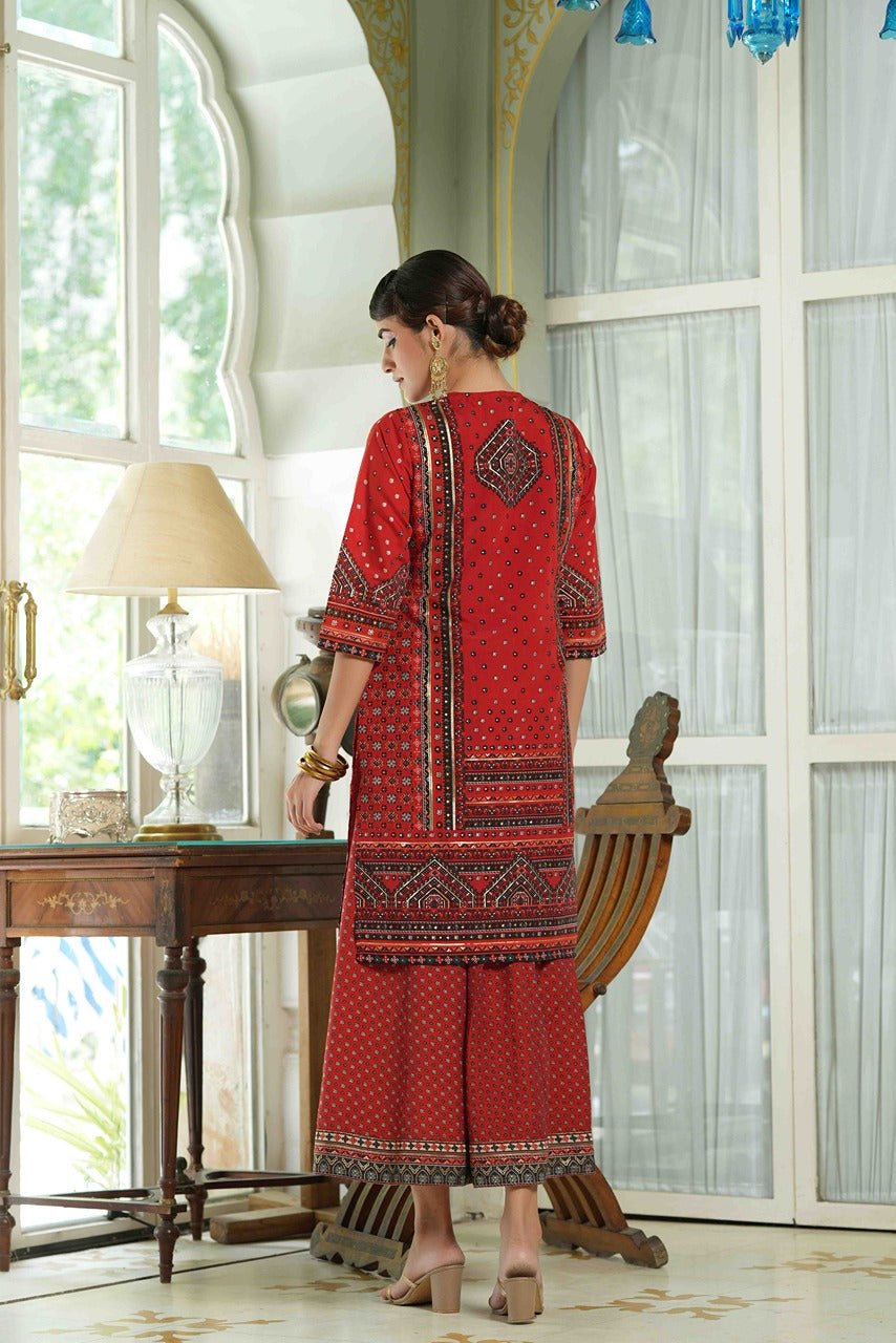 Juniper Red Chanderi Festive Printed Flared Kurta For Women - Distacart