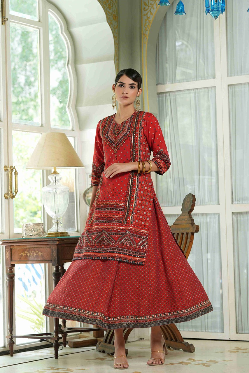Juniper Red Chanderi Festive Printed Flared Kurta For Women - Distacart