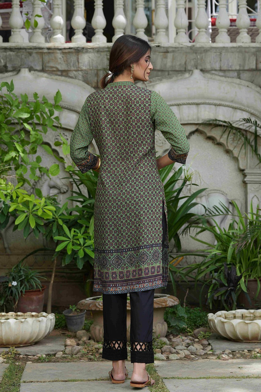 Juniper Green Rayon Festive Gold Foil Printed Straight Kurta For Women - Distacart