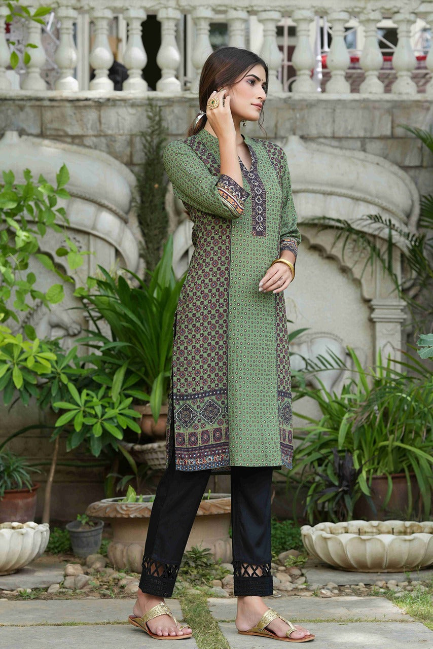 Juniper Green Rayon Festive Gold Foil Printed Straight Kurta For Women - Distacart