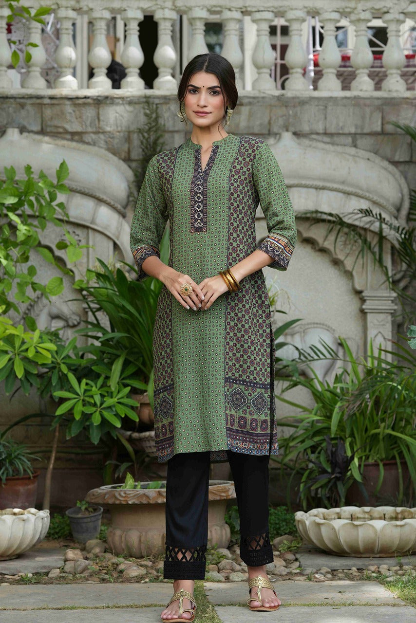Juniper Green Rayon Festive Gold Foil Printed Straight Kurta For Women - Distacart