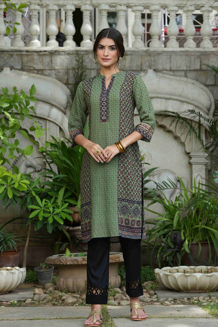 Juniper Green Rayon Festive Gold Foil Printed Straight Kurta For Women