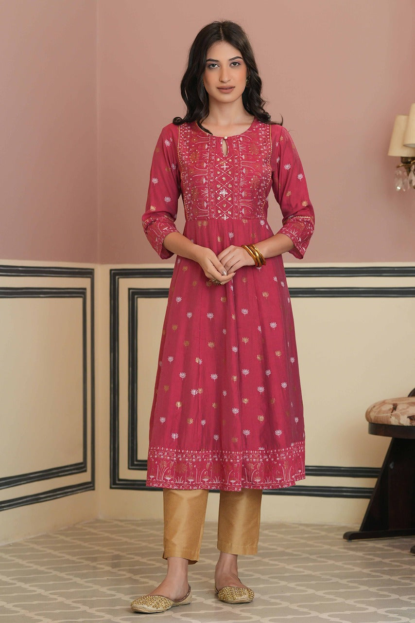 Juniper Fuchsia Rayon Festive Handwork Sequence Anarkali Kurta For Women - Distacart