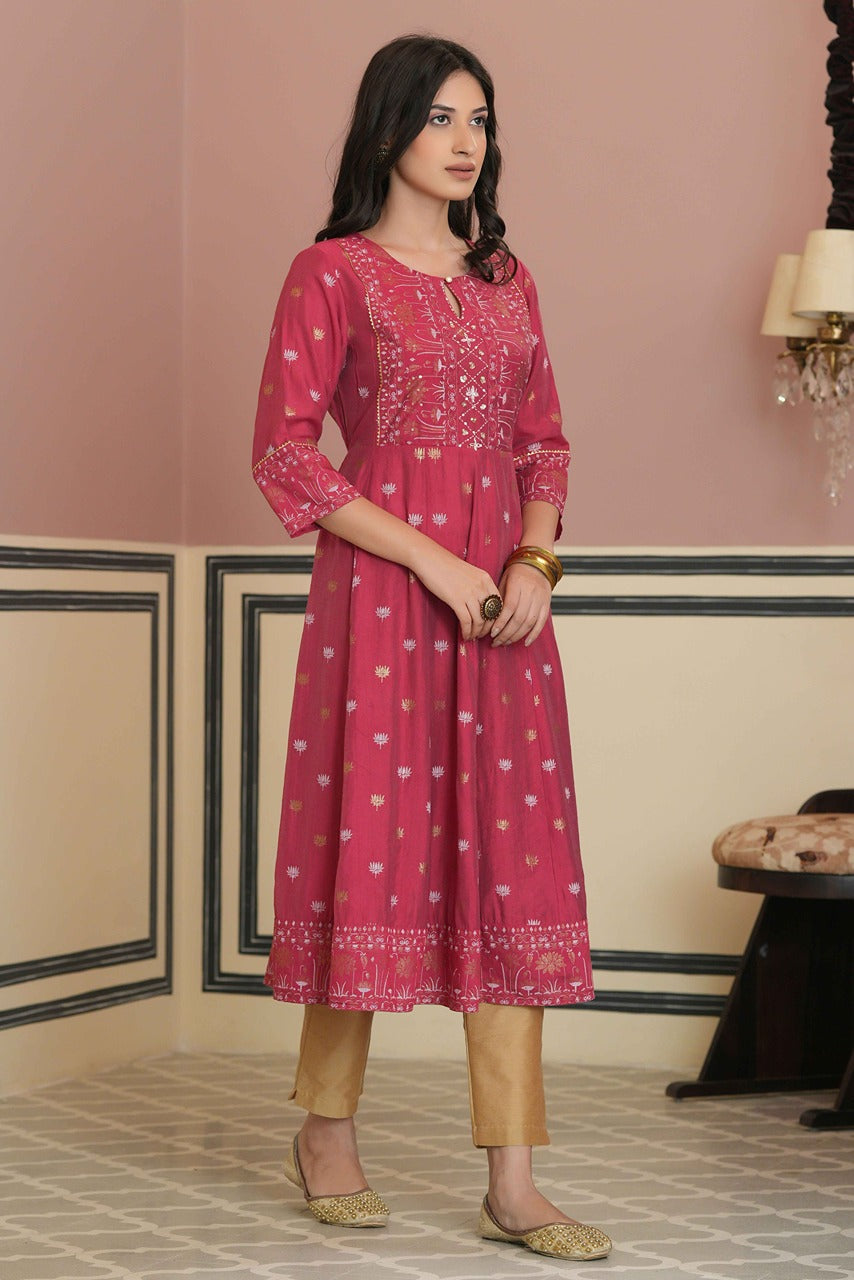 Juniper Fuchsia Rayon Festive Handwork Sequence Anarkali Kurta For Women - Distacart