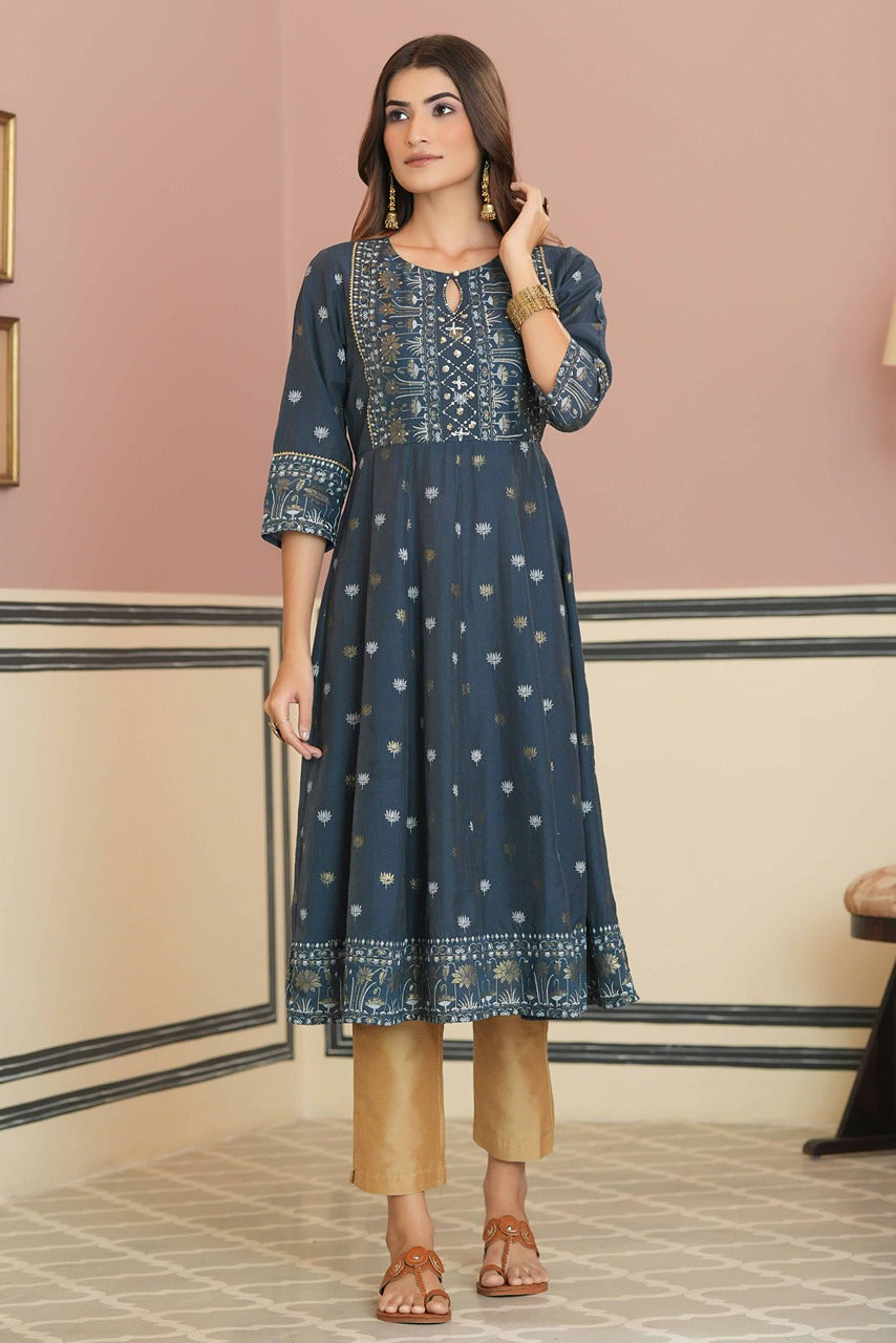 Juniper Teal Rayon Festive Handwork Sequence Anarkali Kurta For Women - Distacart