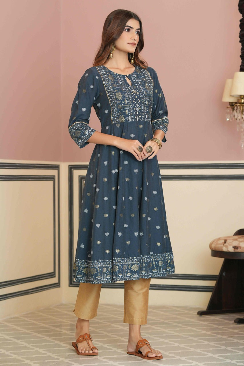 Juniper Teal Rayon Festive Handwork Sequence Anarkali Kurta For Women - Distacart