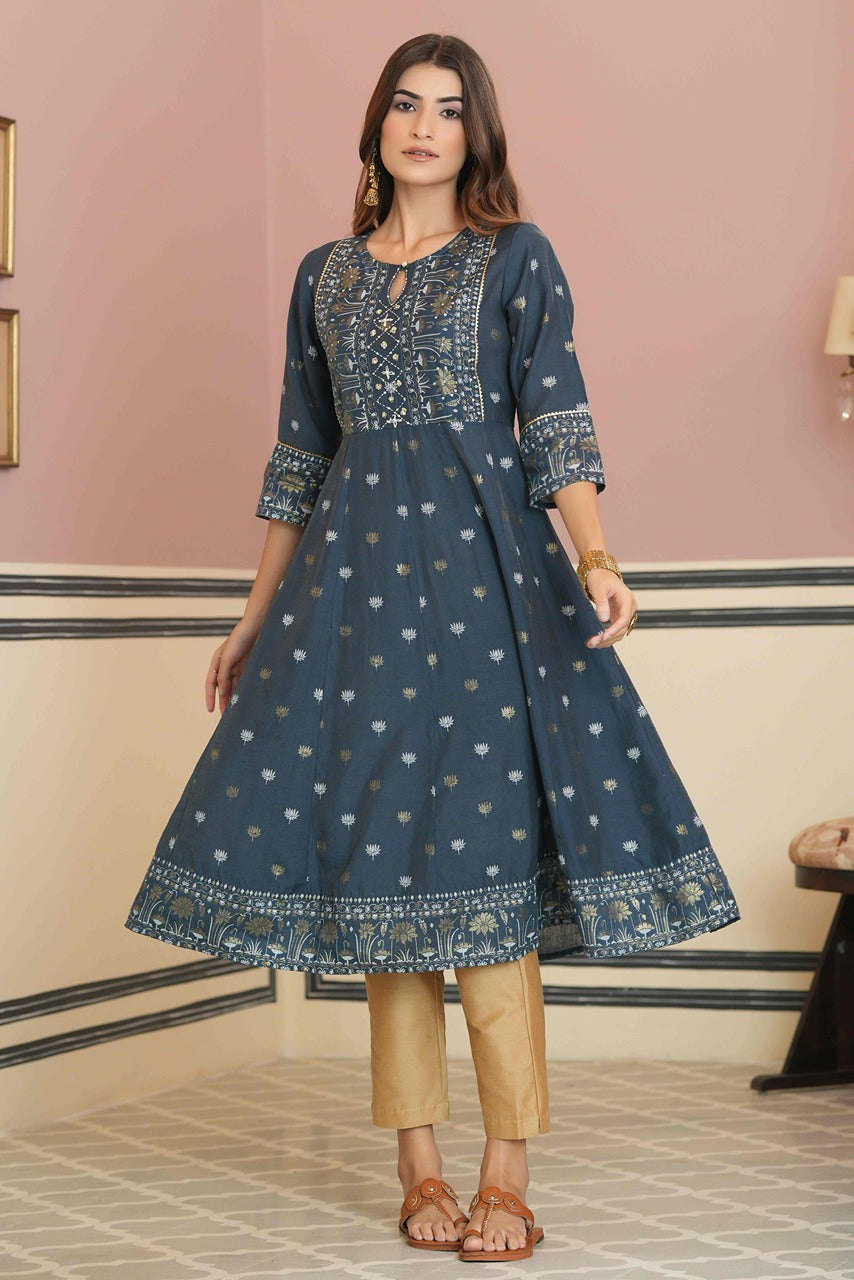 Juniper Teal Rayon Festive Handwork Sequence Anarkali Kurta For Women - Distacart