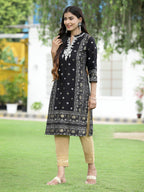 Juniper Women Black Rayon Festive Embroidered Straight Kurta - Distacart