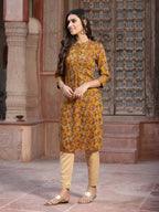 Juniper Women's Mustard Muslin Printed Straight Kurta - Distacart
