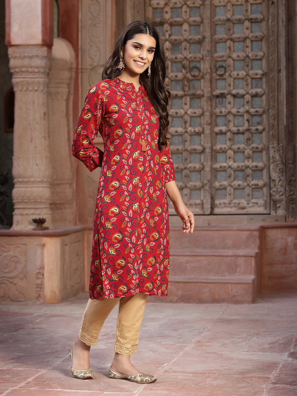 Juniper Women's Red Muslin Printed Straight Kurta - Distacart