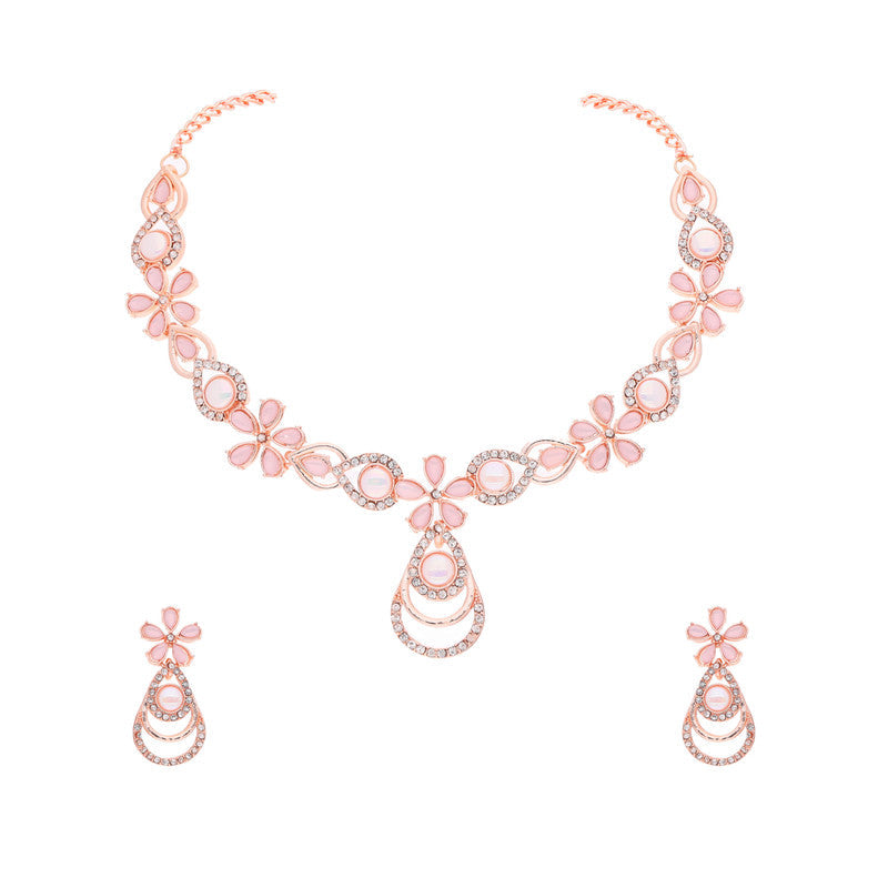 Tehzeeb Creations Rose Gold-Polished Baby Pink Colour Necklace With Stud