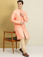 House of Pataudi Men Peach-Coloured Floral Embroidered A-Line Kurta