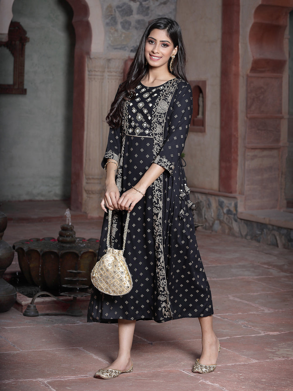 Juniper Women's Black Rayon Printed Embroidered Flared Dress - Distacart