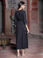 Juniper Women's Black Rayon Printed Embroidered Flared Dress - Distacart