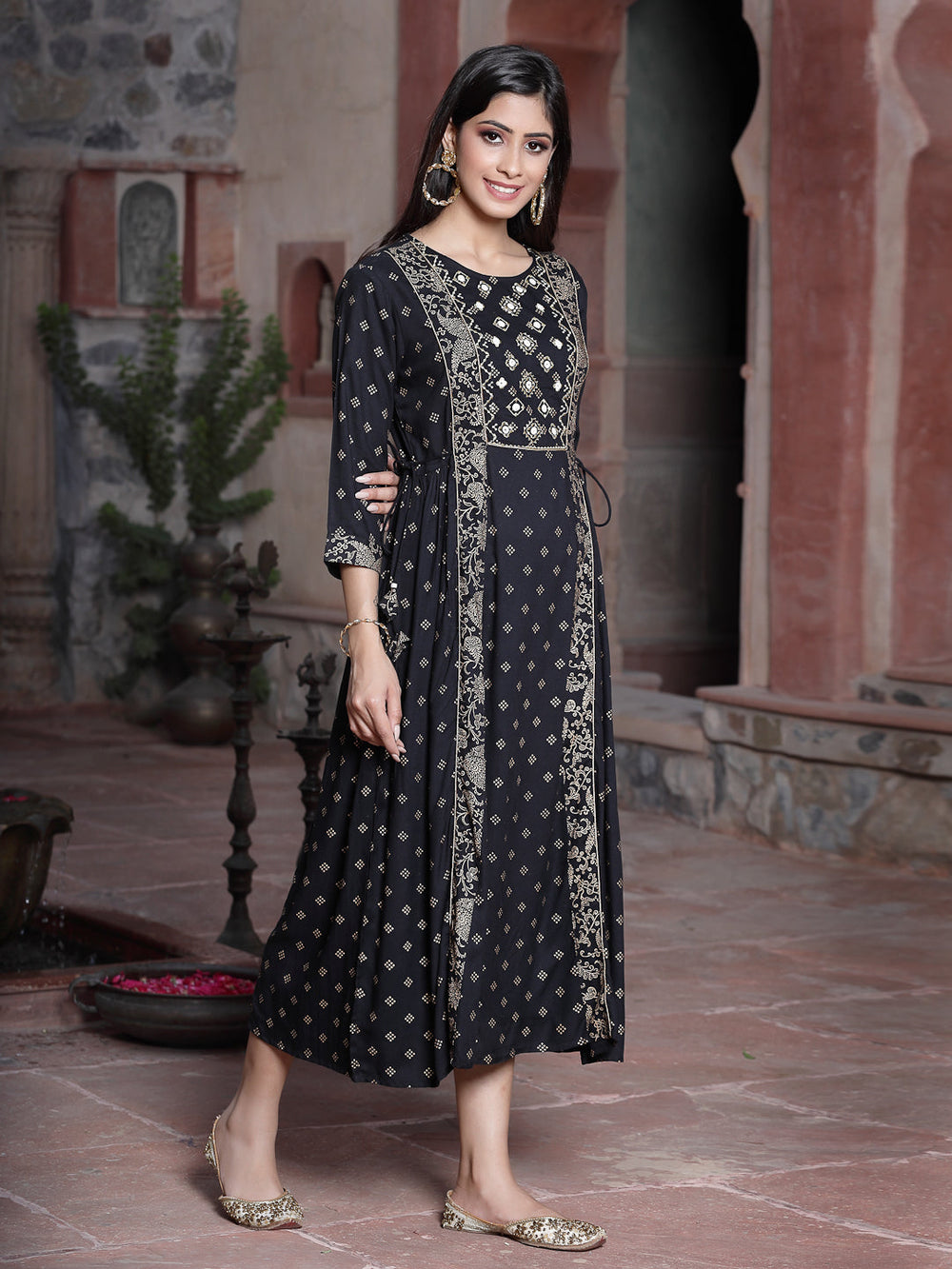 Juniper Women's Black Rayon Printed Embroidered Flared Dress - Distacart