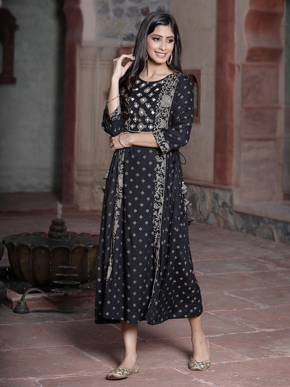 Juniper Women's Black Rayon Printed Embroidered Flared Dress - Distacart