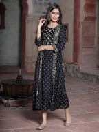 Juniper Women's Black Rayon Printed Embroidered Flared Dress - Distacart
