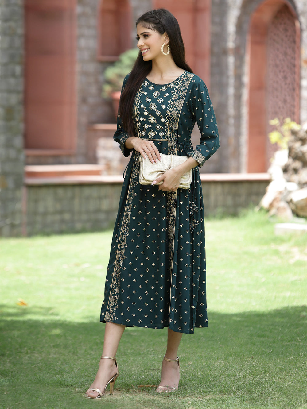 Juniper Bottle Green Rayon Festive Printed Embroidered Flared Dress For Women - Distacart