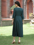 Juniper Bottle Green Rayon Festive Printed Embroidered Flared Dress For Women - Distacart