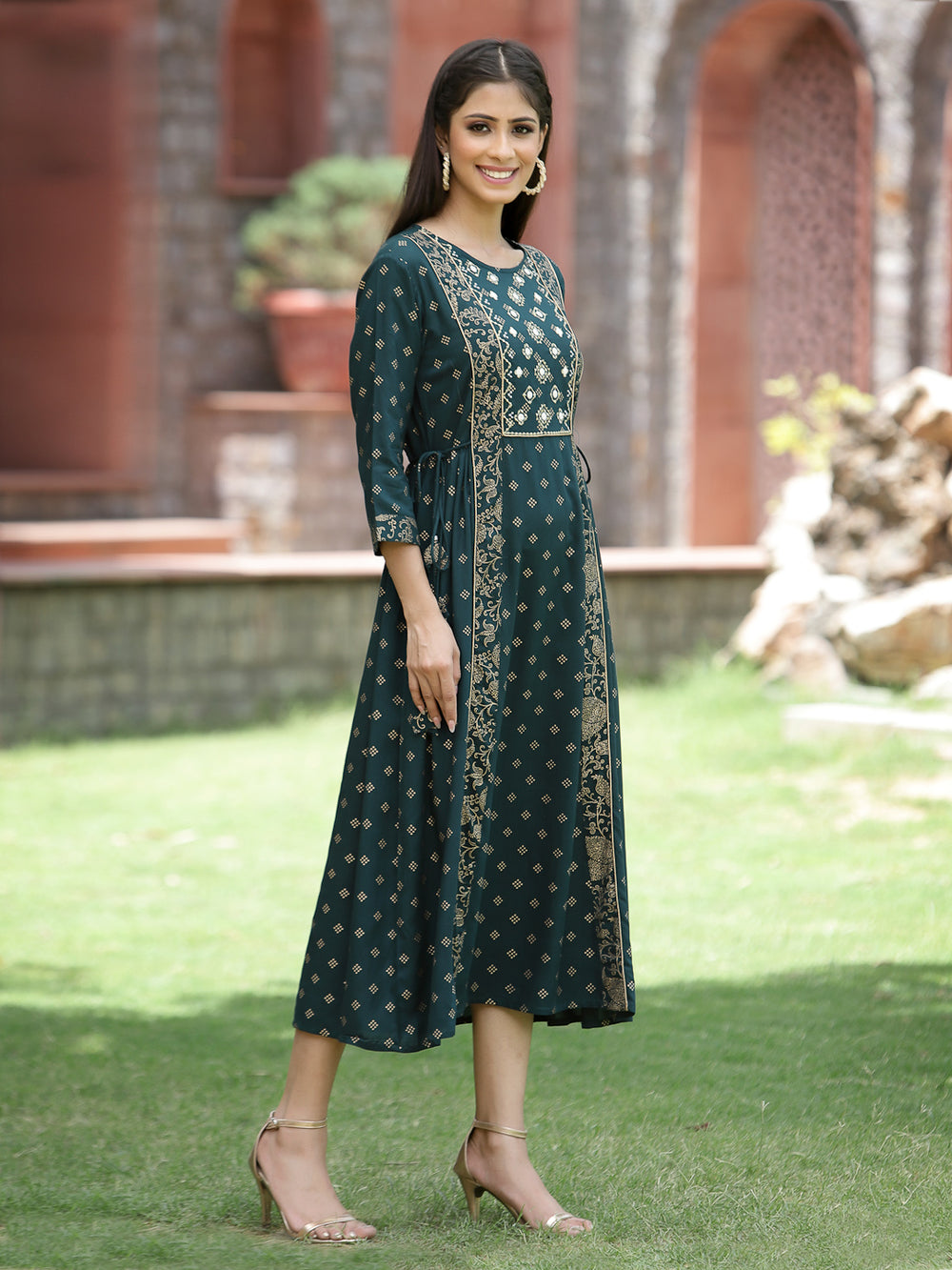Juniper Bottle Green Rayon Festive Printed Embroidered Flared Dress For Women - Distacart