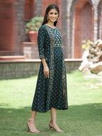 Juniper Bottle Green Rayon Festive Printed Embroidered Flared Dress For Women - Distacart