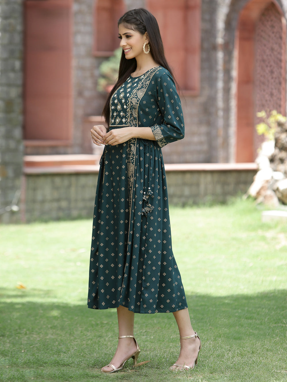 Juniper Bottle Green Rayon Festive Printed Embroidered Flared Dress For Women - Distacart