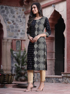 Juniper Women's Black Rayon Printed Straight Kurta - Distacart