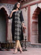Juniper Women's Black Rayon Printed Straight Kurta - Distacart