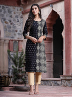 Juniper Women's Black Rayon Printed Straight Kurta - Distacart