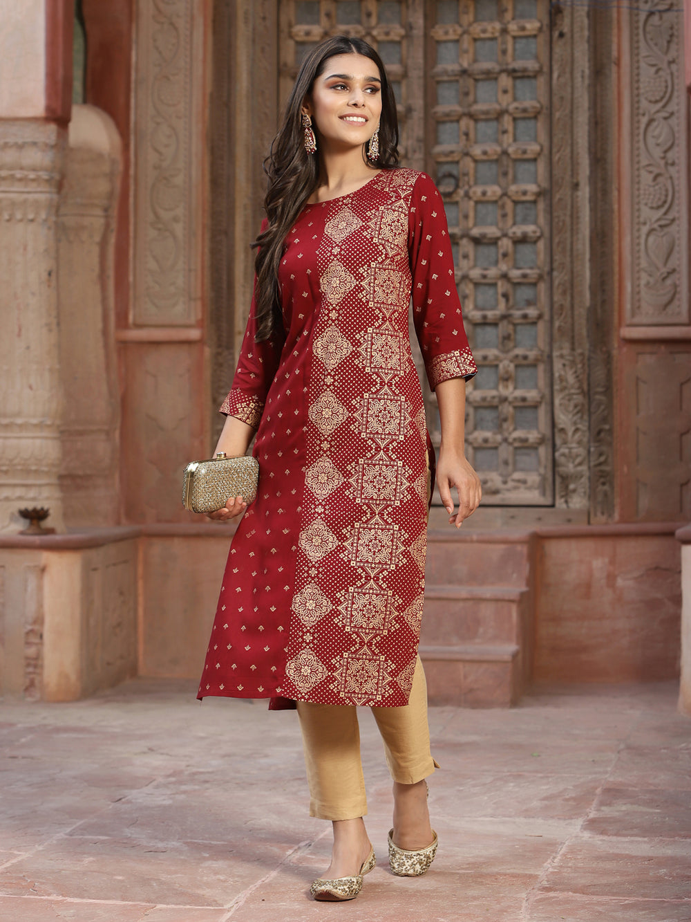 Juniper Women's Maroon Rayon Printed Straight Kurta - Distacart