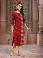 Juniper Women's Maroon Rayon Printed Straight Kurta - Distacart