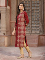 Juniper Women's Maroon Rayon Printed Straight Kurta - Distacart