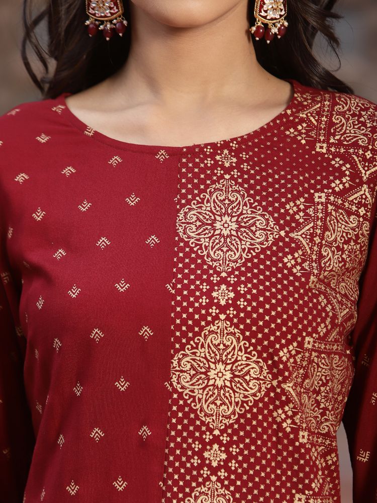 Juniper Women's Maroon Rayon Printed Straight Kurta - Distacart