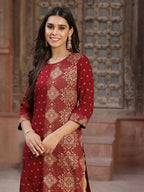 Juniper Women's Maroon Rayon Printed Straight Kurta - Distacart