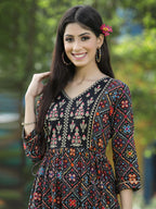 Juniper Black Rayon Festive Printed Flared Kurta For Women - Distacart