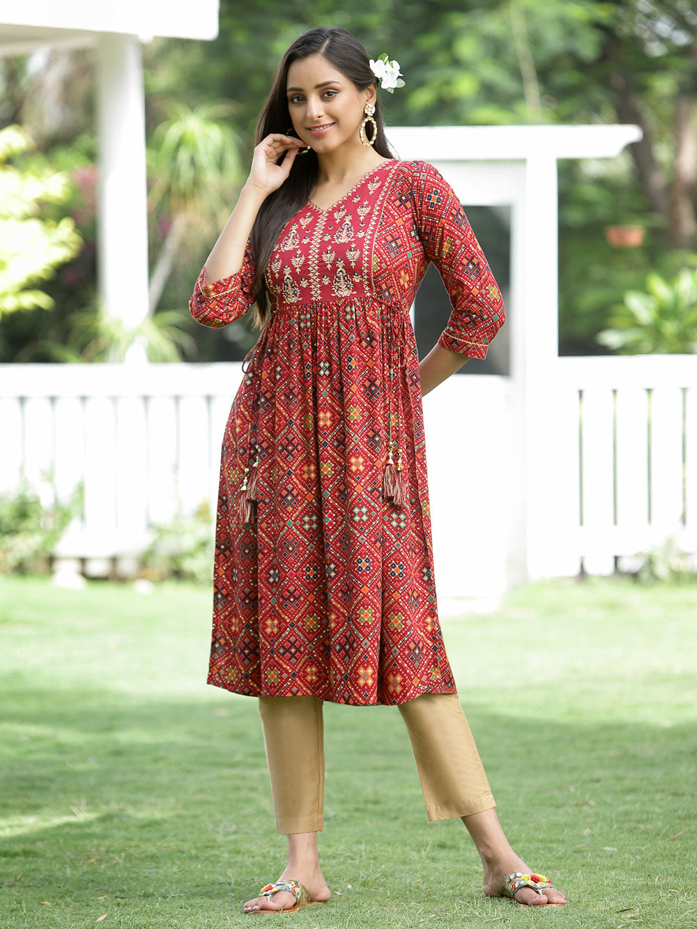 Juniper Red Rayon Festive Printed Flared Kurta For Women - Distacart