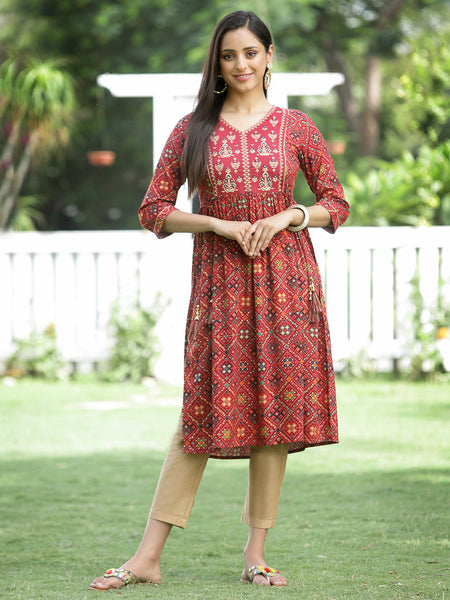 Juniper Red Rayon Festive Printed Flared Kurta For Women