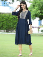 Juniper Women Navy Rayon Festive Embroidered Flared Kurta - Distacart