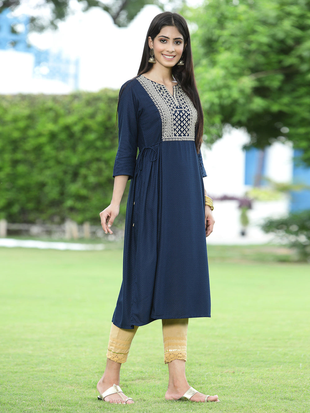 Juniper Women Navy Rayon Festive Embroidered Flared Kurta - Distacart