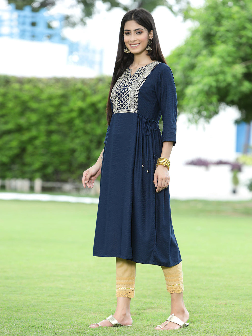 Juniper Women Navy Rayon Festive Embroidered Flared Kurta - Distacart
