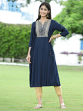 Juniper Women Navy Rayon Festive Embroidered Flared Kurta - Distacart