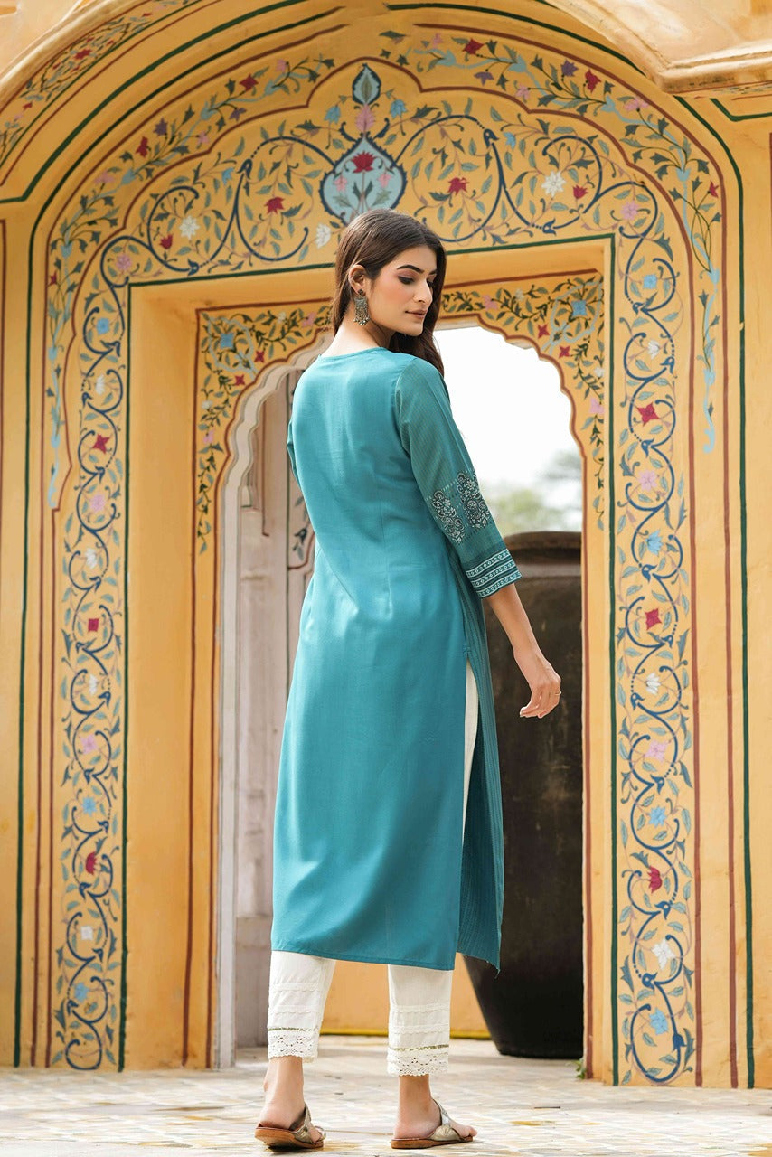 Juniper Teal Rayon Festive Printed Straight Kurta For Women - Distacart