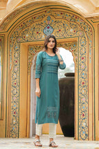 Juniper Teal Rayon Festive Printed Straight Kurta For Women - Distacart