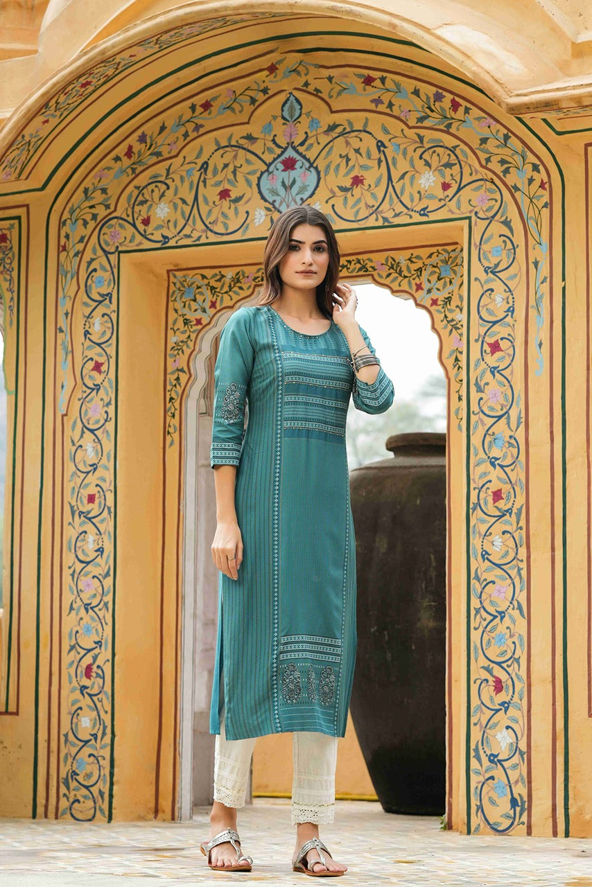 Juniper Teal Rayon Festive Printed Straight Kurta For Women - Distacart