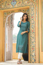 Juniper Teal Rayon Festive Printed Straight Kurta For Women - Distacart