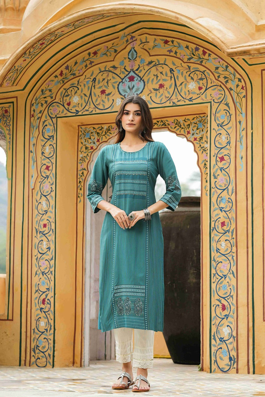 Juniper Teal Rayon Festive Printed Straight Kurta For Women - Distacart