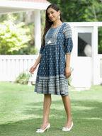Juniper Blue Rayon Festive Printed Tiered Dress For Women - Distacart